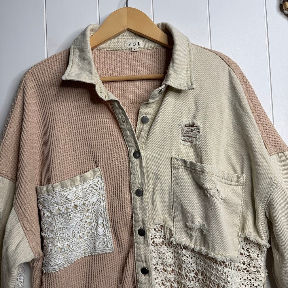 POL patchwork shacket crochet distressed button d… - image 4